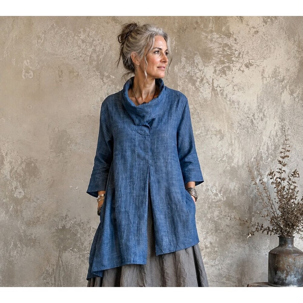 Curator SF Chambray Tunic Top XS Blue Slouch Cowl Neck Long Sleeve Cotton